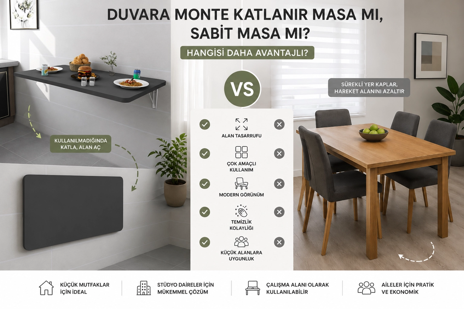 Duvara Monte Katlanır Masa mı Sabit Masa mı? Avantajları ve Karşılaştırma