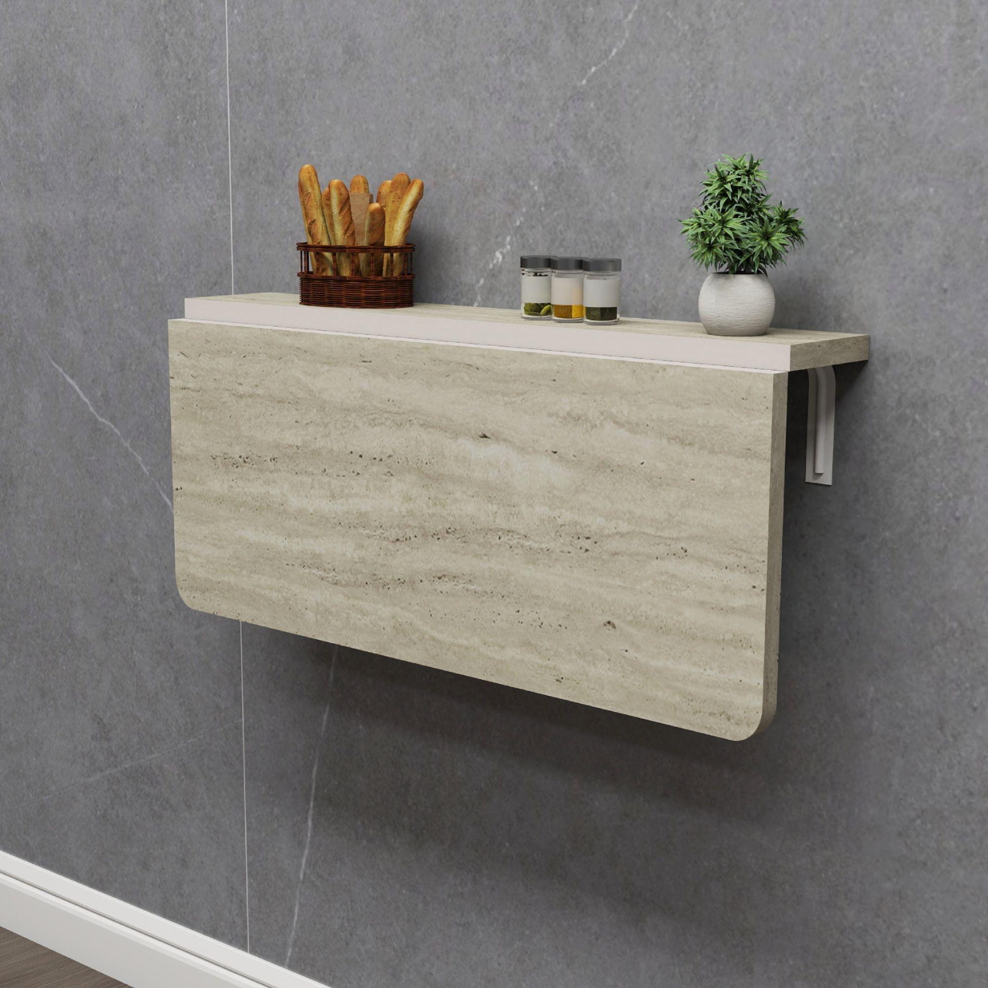 Traverten Desenli Sabit Raflı Oval Köşeli Duvara Monte Kırma Katlanır Masa