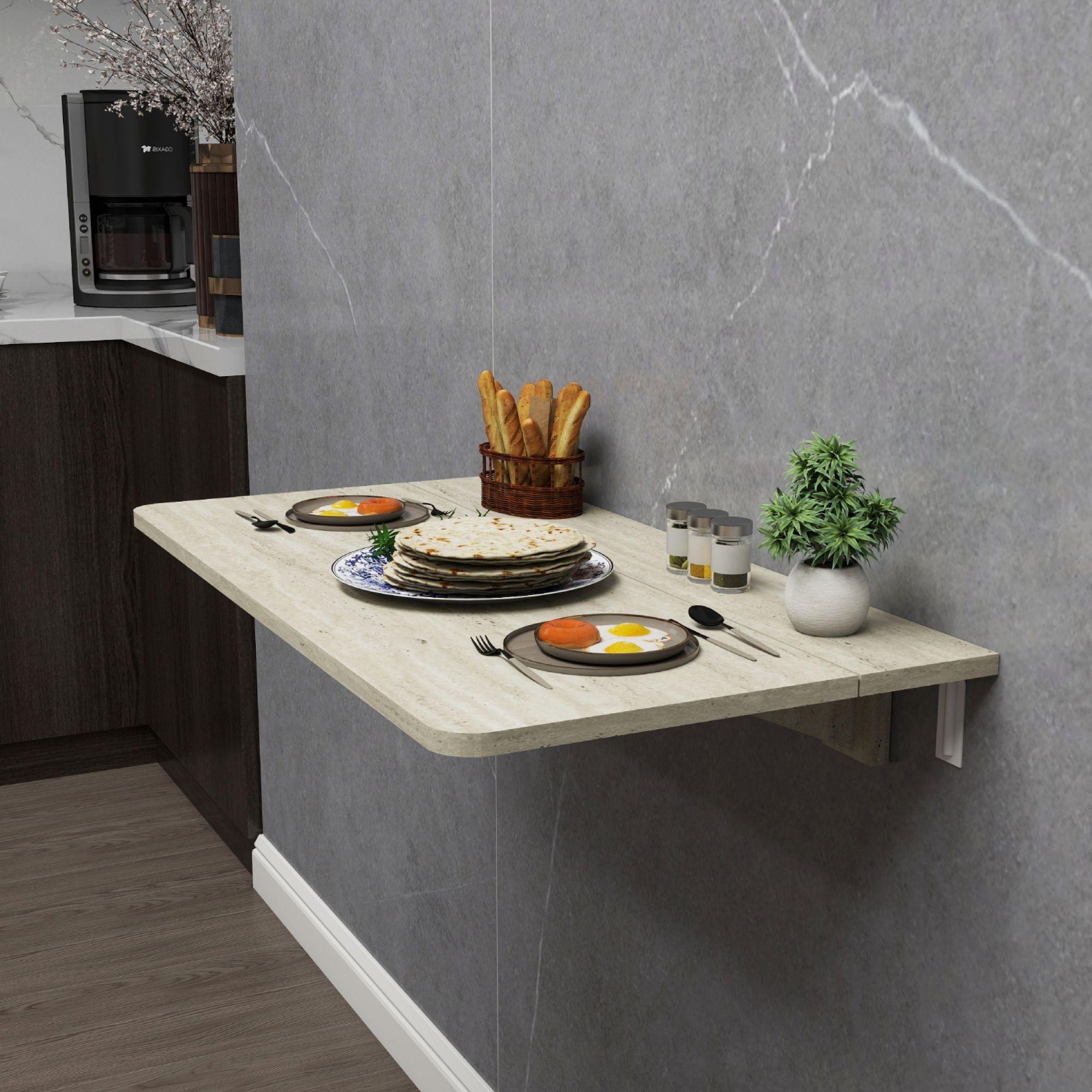 Traverten Desenli Sabit Raflı Oval Köşeli Duvara Monte Kırma Katlanır Masa