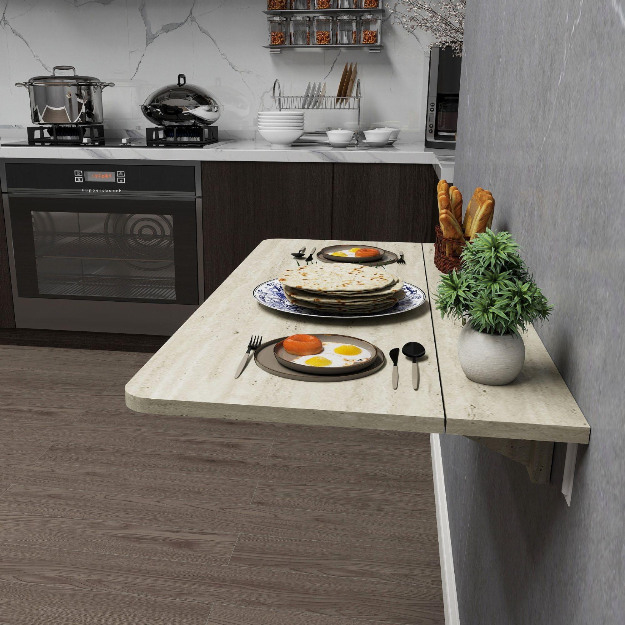 Traverten Desenli Sabit Raflı Oval Köşeli Duvara Monte Kırma Katlanır Masa