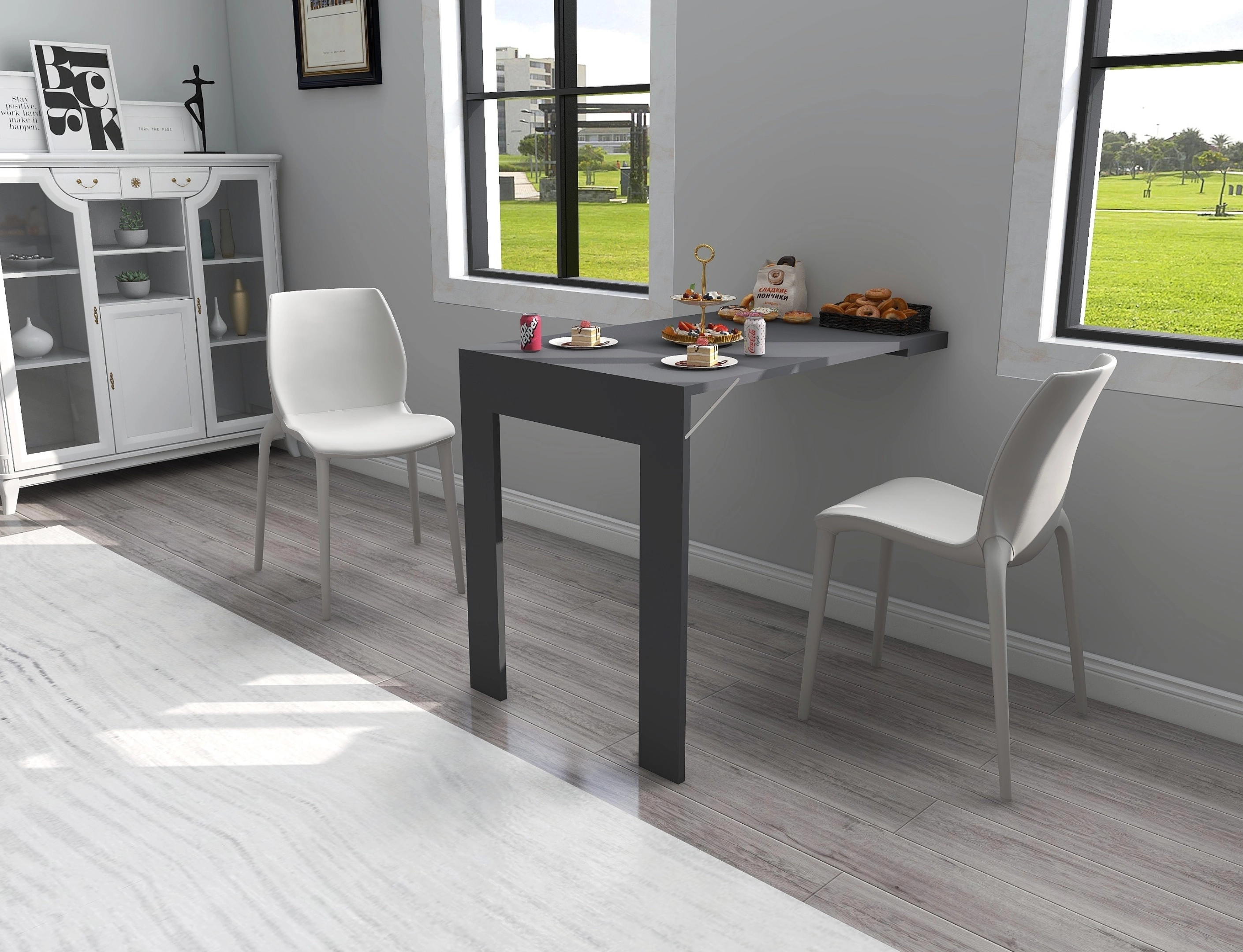 Antrasit Renk Özel Tasarım Oval Köşeli Çerçeveli Tablo Masa Duvara Monte Kırma Katlanır Mutfak Yemek Çalışma Masası