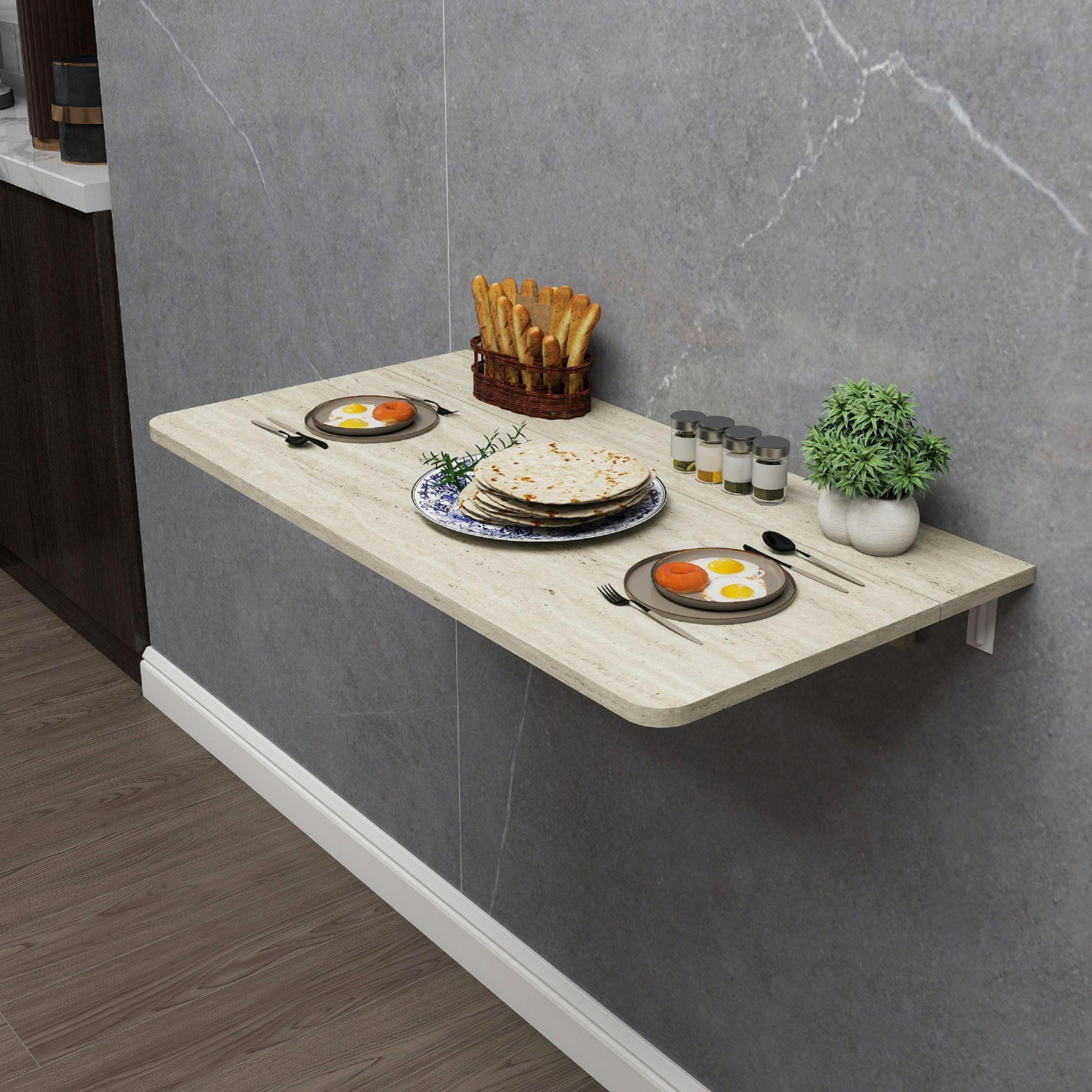 Traverten Desenli Sabit Raflı Oval Köşeli Duvara Monte Kırma Katlanır Masa