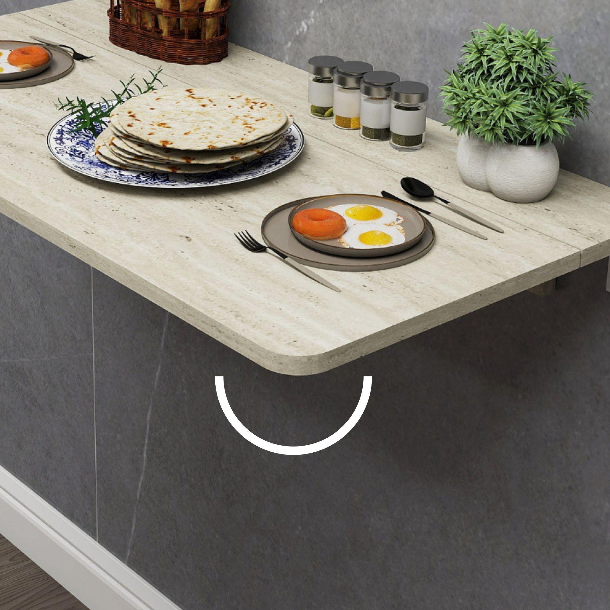 Traverten Desenli Sabit Raflı Oval Köşeli Duvara Monte Kırma Katlanır Masa