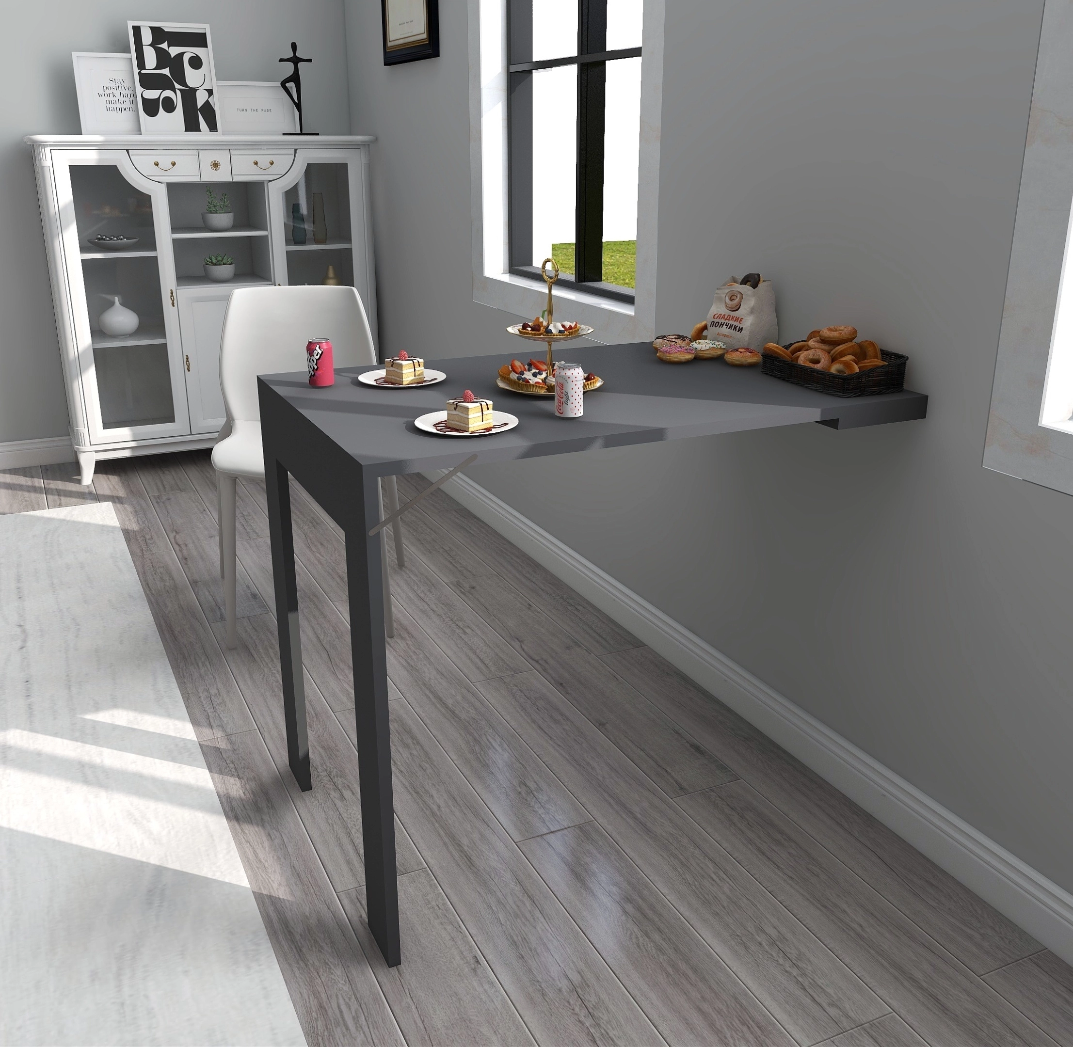 Antrasit Renk Özel Tasarım Oval Köşeli Çerçeveli Tablo Masa Duvara Monte Kırma Katlanır Mutfak Yemek Çalışma Masası