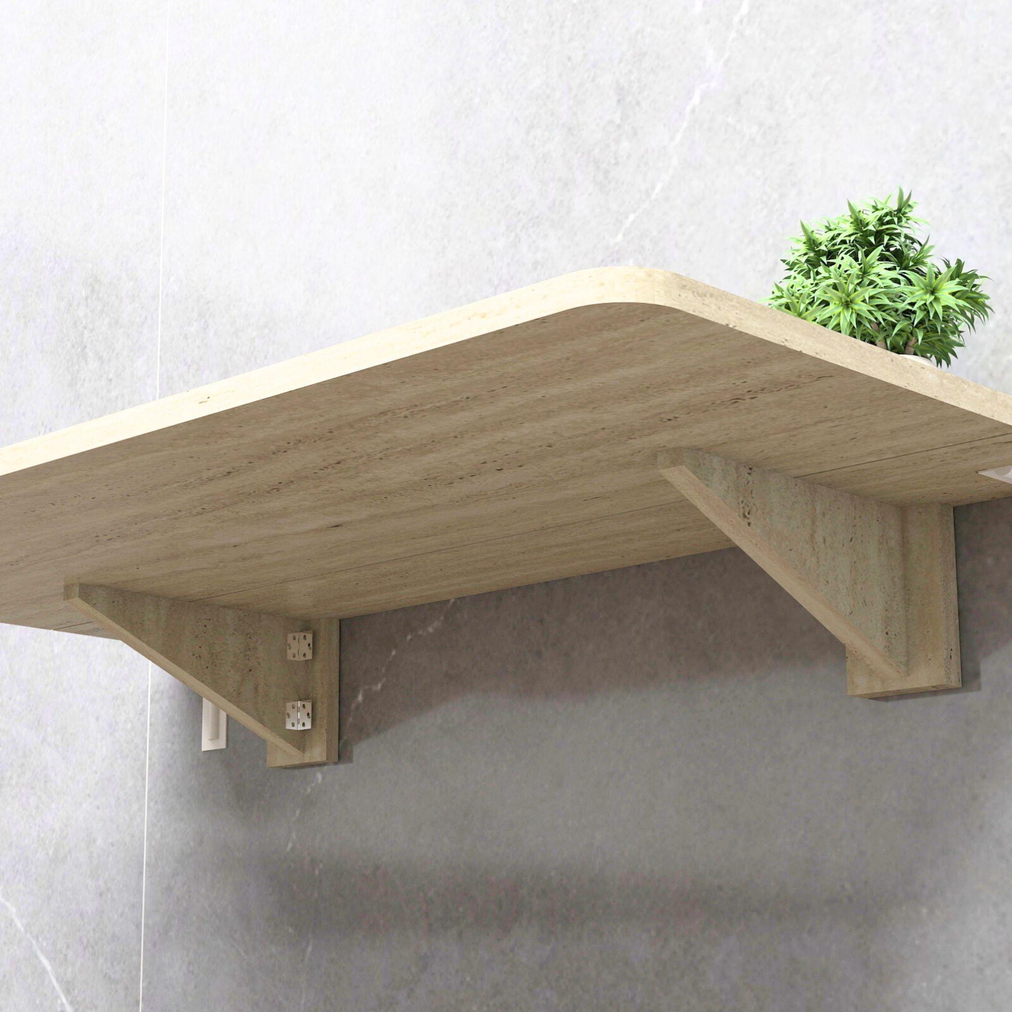 Traverten Desenli Sabit Raflı Oval Köşeli Duvara Monte Kırma Katlanır Masa