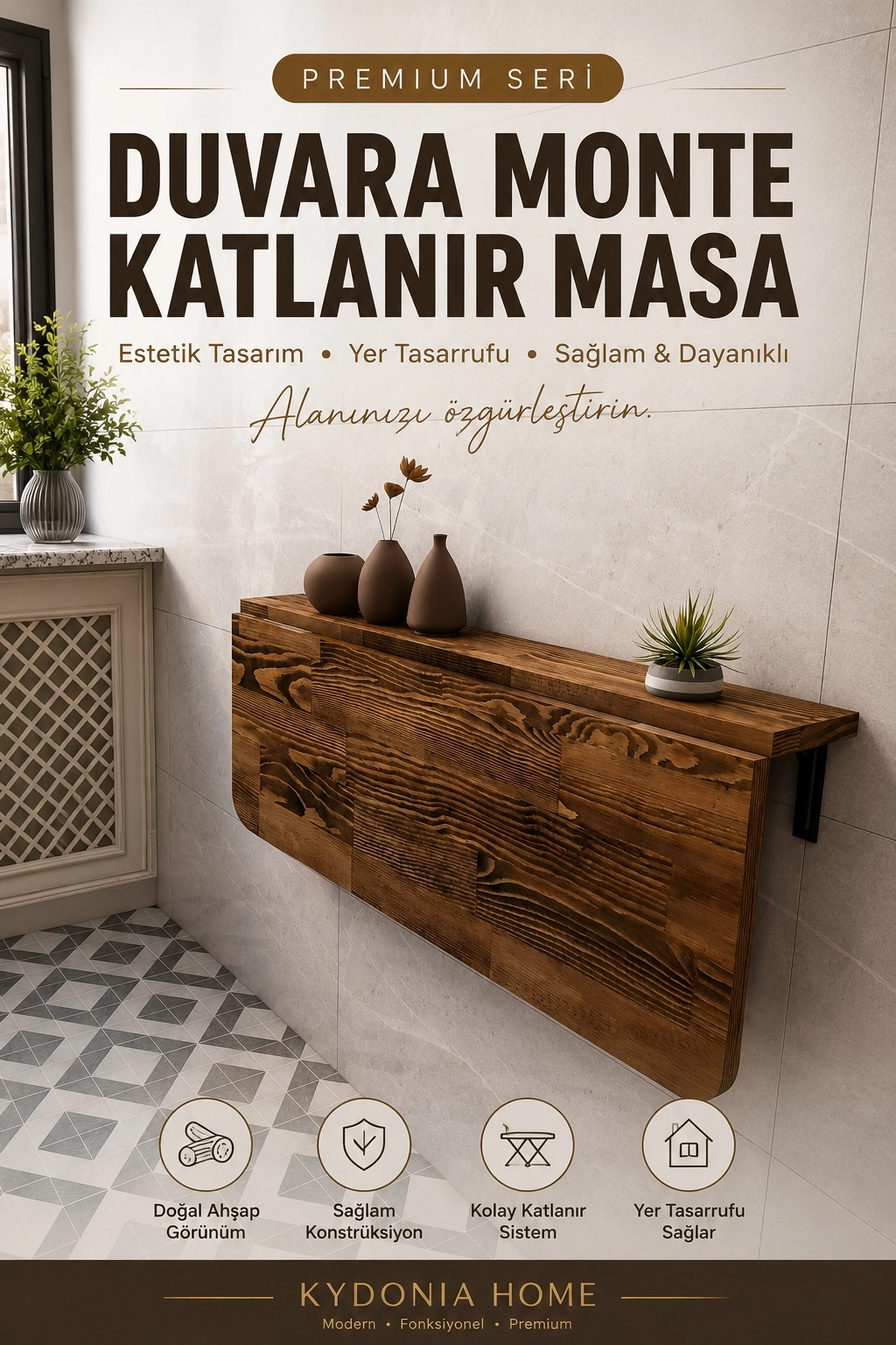 Masif Ahşap Sabit Raflı Duvara Monte Katlanır Masa | Koyu Ceviz