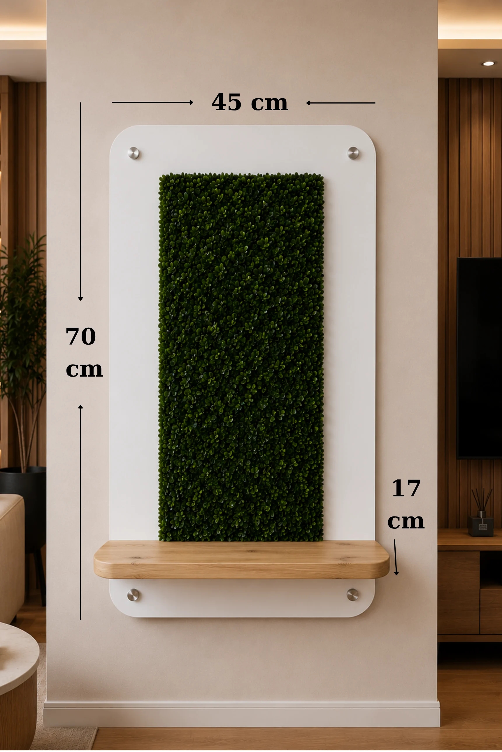 Dekoratif Yapay Şimşir Duvar Paneli Raflı 45x70 cm Beyaz - Çam