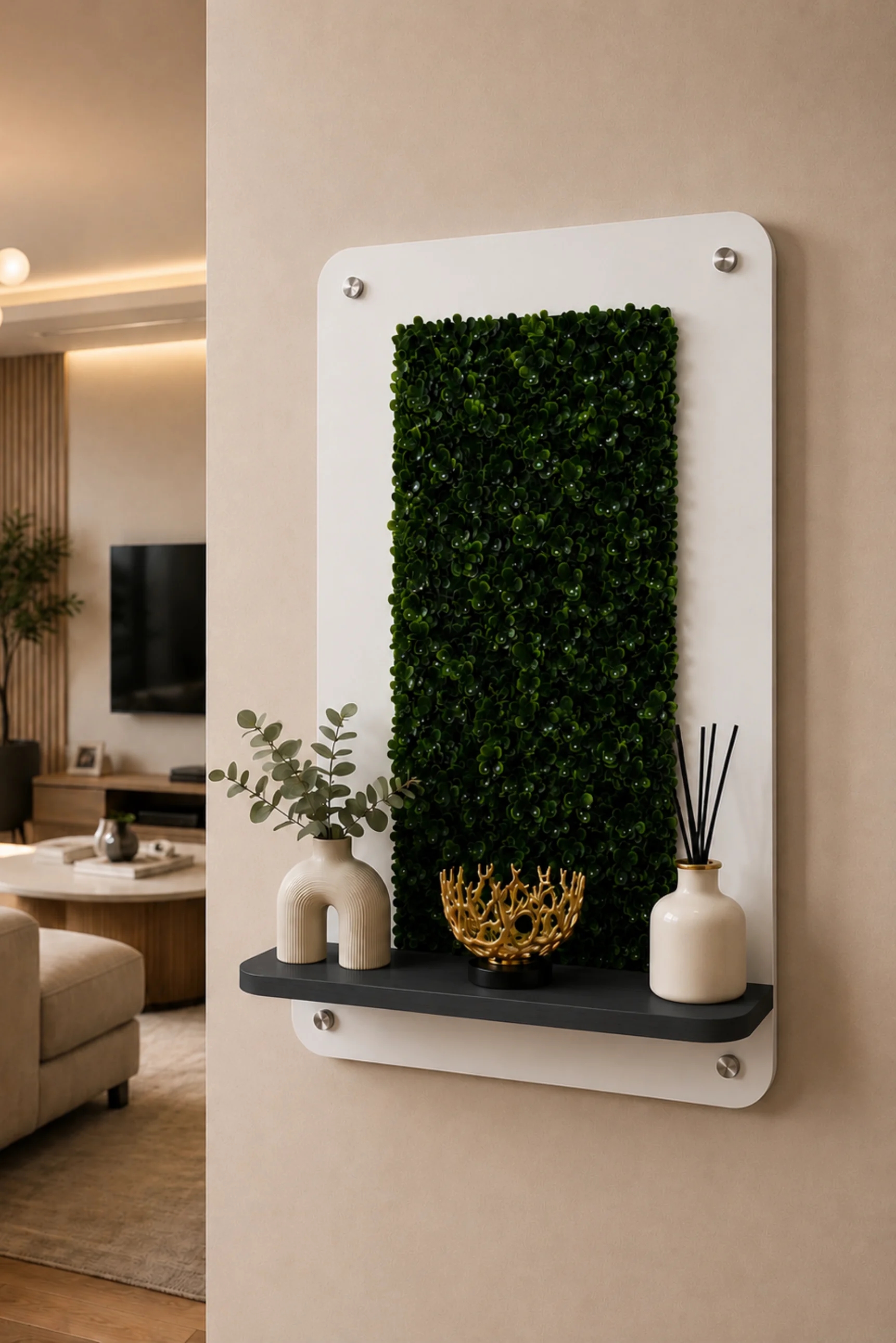 Dekoratif Yapay Şimşir Duvar Paneli Raflı 45x70 cm Beyaz - Antrasit