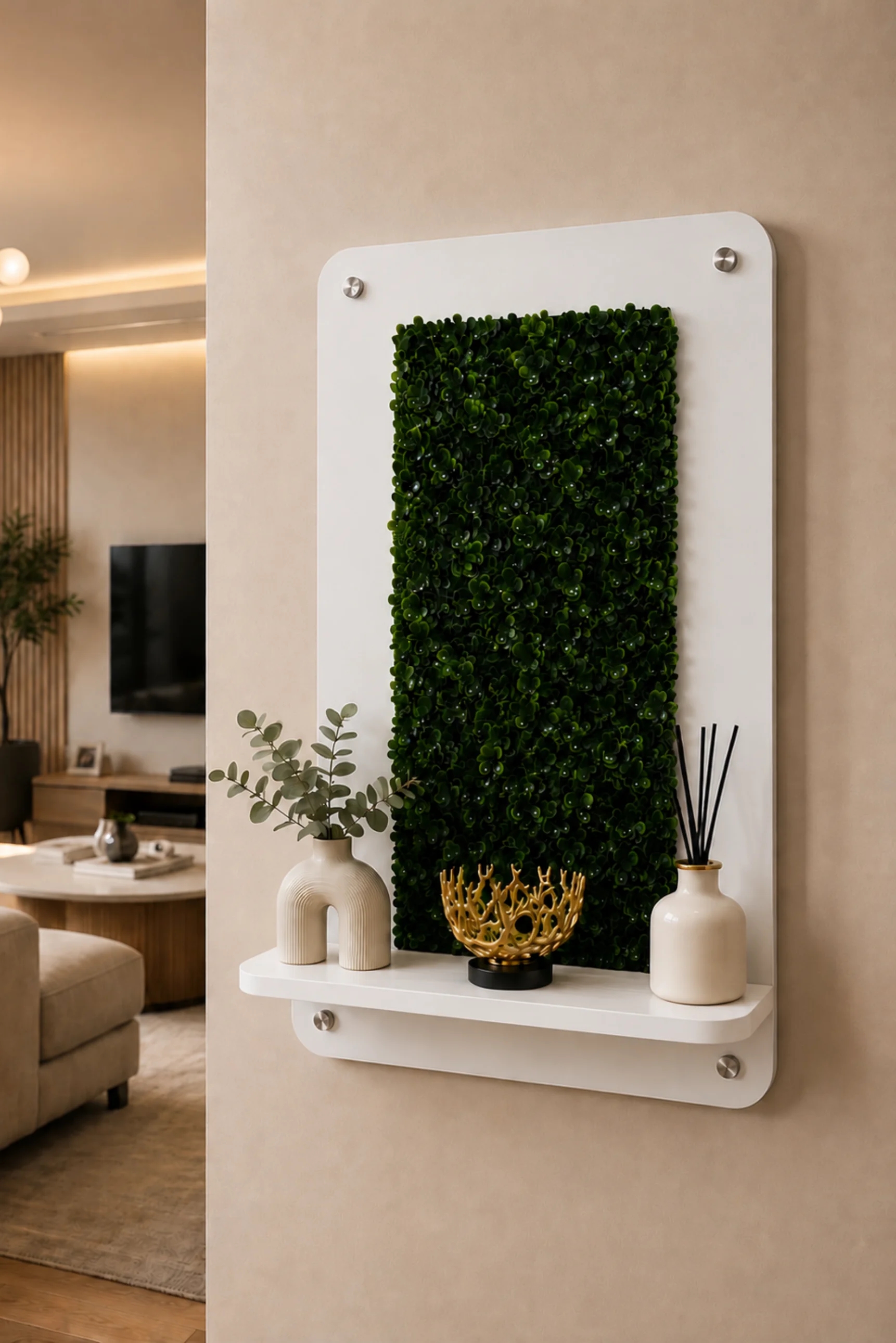 Dekoratif Yapay Şimşir Duvar Paneli Raflı 45x70 cm Beyaz - Beyaz