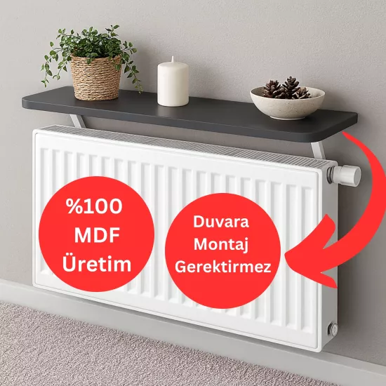 72x15 cm MDF Montajsız Petek Üstü Dekoratif Raf Kalorifer Peteği Üstü Uçan Raf Antrasit Gri