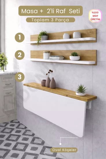 Duvara Monte Katlanır Masa & 2’li Raf Seti Beyaz – Çam | Alan Kazandıran Minimal Tasarım