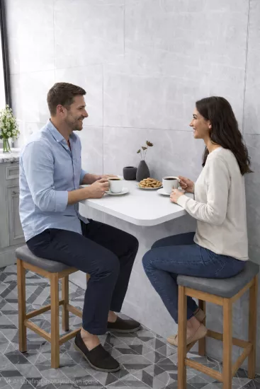 Katlanır Açılır Kapanır Duvara Monte Masa Oval Köşeli MDF Beyaz Çam Desen