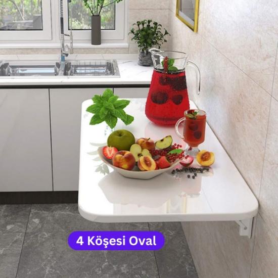 Parlak Beyaz Oval Köşeli Duvara Monte Kırma Katlanır Masa