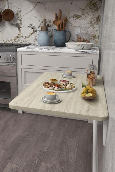 Traverten Desen Oval Köşeli Duvara Monte Kırma Katlanır Masa