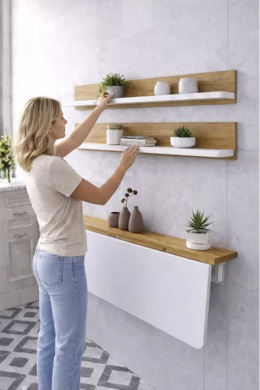 Duvara Monte Katlanır Masa & 2’li Raf Seti Beyaz – Çam | Alan Kazandıran Minimal Tasarım