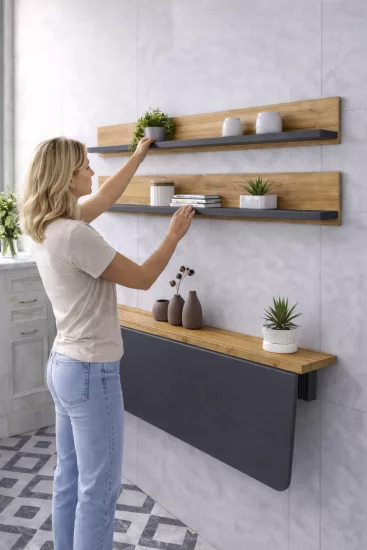 60×90 Duvara Monte Katlanır Masa & 2’li Raf Seti Antrasit – Çam | Alan Kazandıran Minimal Tasarım