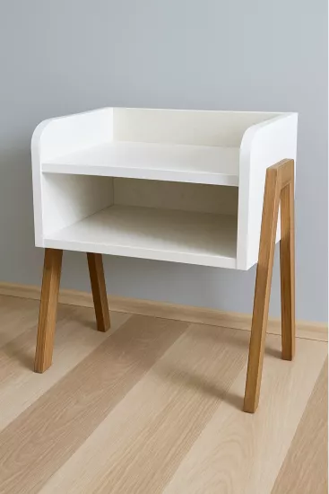 Masif Ahşap Ayaklı MDF Komodin – Mat Beyaz İskandinav Tarzı  Modern Doğal ve Şık Görünüm