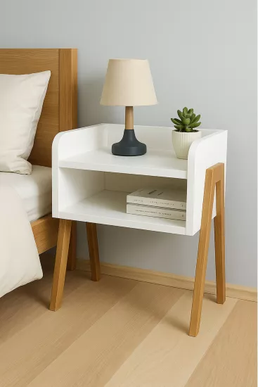 Masif Ahşap Ayaklı MDF Komodin – Mat Beyaz İskandinav Tarzı  Modern Doğal ve Şık Görünüm