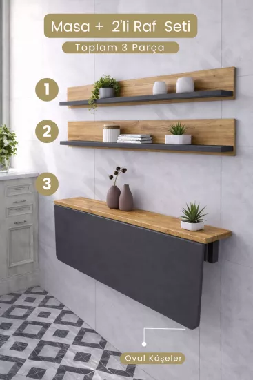 60×90 Duvara Monte Katlanır Masa & 2’li Raf Seti Antrasit – Çam | Alan Kazandıran Minimal Tasarım