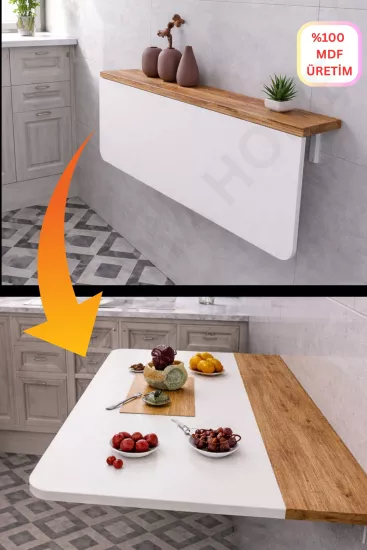 Katlanır Açılır Kapanır Duvara Monte Masa Oval Köşeli MDF Beyaz Çam Desen