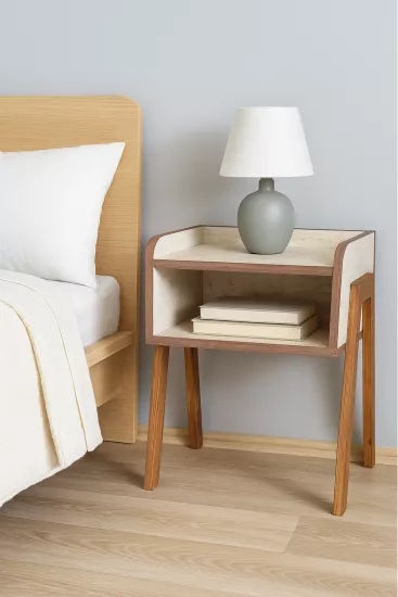 Masif Ahşap Ayaklı Komodin – Traverten Desen İskandinav Tarzı  Modern Doğal ve Şık Görünüm