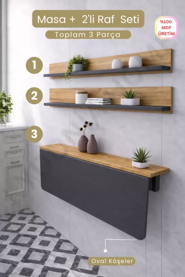 60×90 Duvara Monte Katlanır Masa & 2’li Raf Seti Antrasit – Çam | Alan Kazandıran Minimal Tasarım