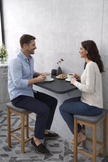 Katlanır Açılır Kapanır Duvara Monte Masa Oval Köşeli MDF Antrasit Çam desen