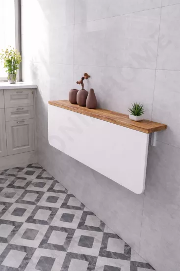Katlanır Açılır Kapanır Duvara Monte Masa Oval Köşeli MDF Beyaz Çam Desen