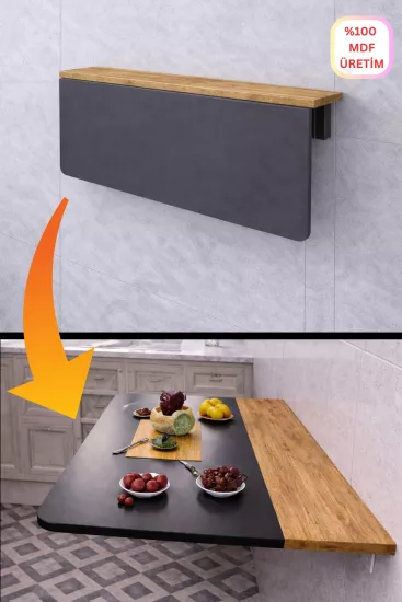 Katlanır Açılır Kapanır Duvara Monte Masa Oval Köşeli MDF Antrasit Çam desen