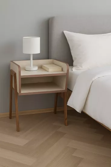 Masif Ahşap Ayaklı Komodin – Traverten Desen İskandinav Tarzı  Modern Doğal ve Şık Görünüm