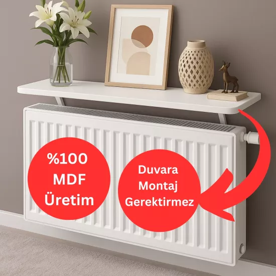 72x15 cm MDF Montajsız Petek Üstü Dekoratif Raf Kalorifer Peteği Üstü Uçan Raf Parlak Beyaz
