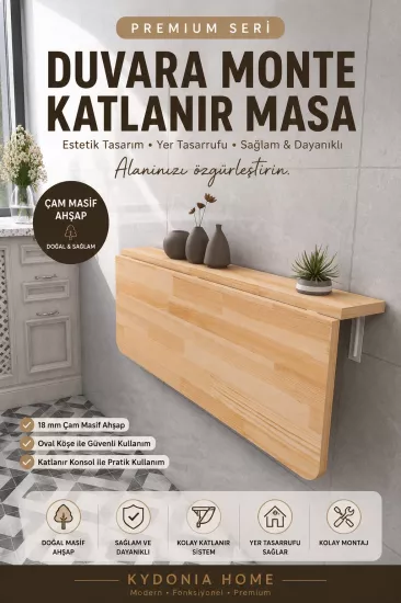 Masif Ahşap Sabit Raflı Duvara Monte Katlanır Masa | Tik Renk
