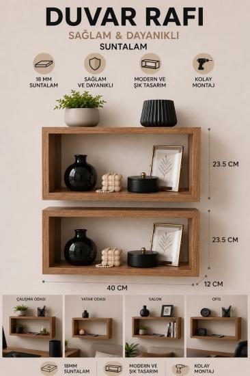 İkili Modern Dekoratif Duvar Rafı Zeytin Ahşap Desenli