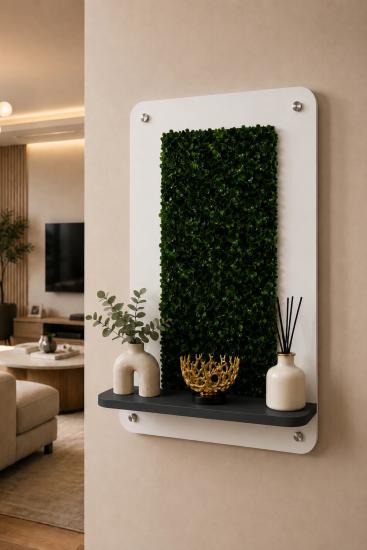 Dekoratif Yapay Şimşir Duvar Paneli Raflı 45x70 cm Beyaz - Antrasit
