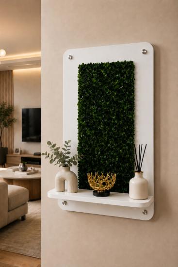 Dekoratif Yapay Şimşir Duvar Paneli Raflı 45x70 cm Beyaz - Beyaz