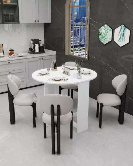 %100 MDF Pratik Katlanır Açılır Kapanır Yuvarlak Mutfak Yemek Çalışma Masası 6 Kişilik